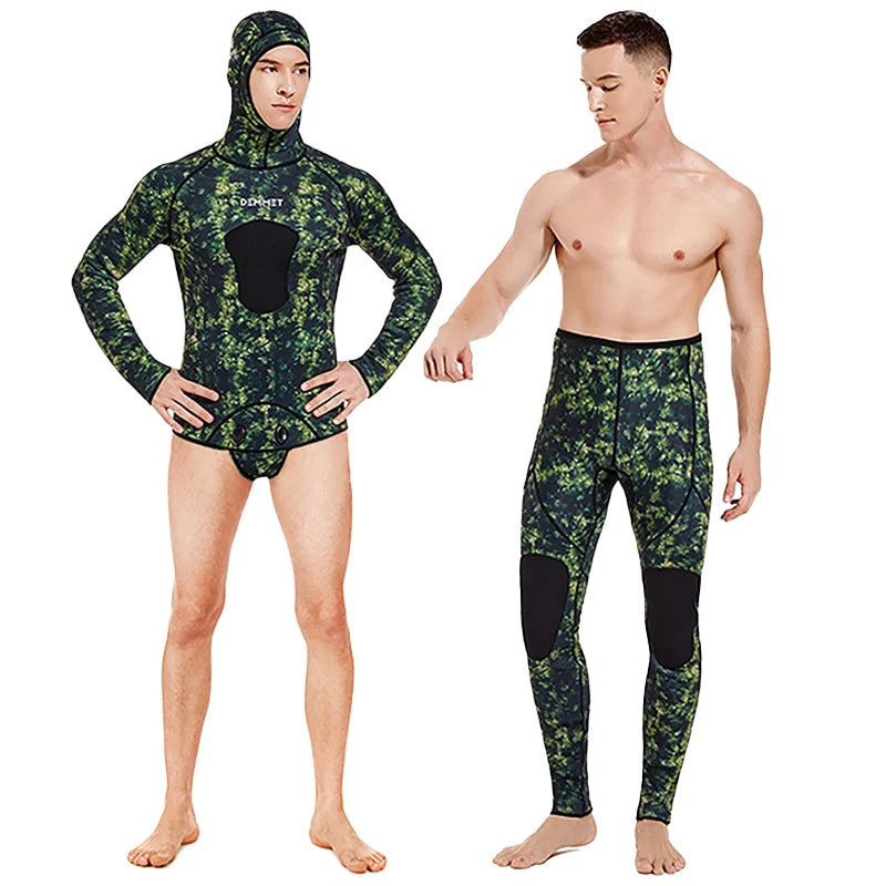 NEW S-3XL Plus Size 3mm/5mm Professional 2PCS Set Spearfishing Wetsuit Camouflage Open Cell Neoprene Free Diving Suit Full Suit Men Hooded Snorkeling Suits Sports Kayak Swimming Diving Sets