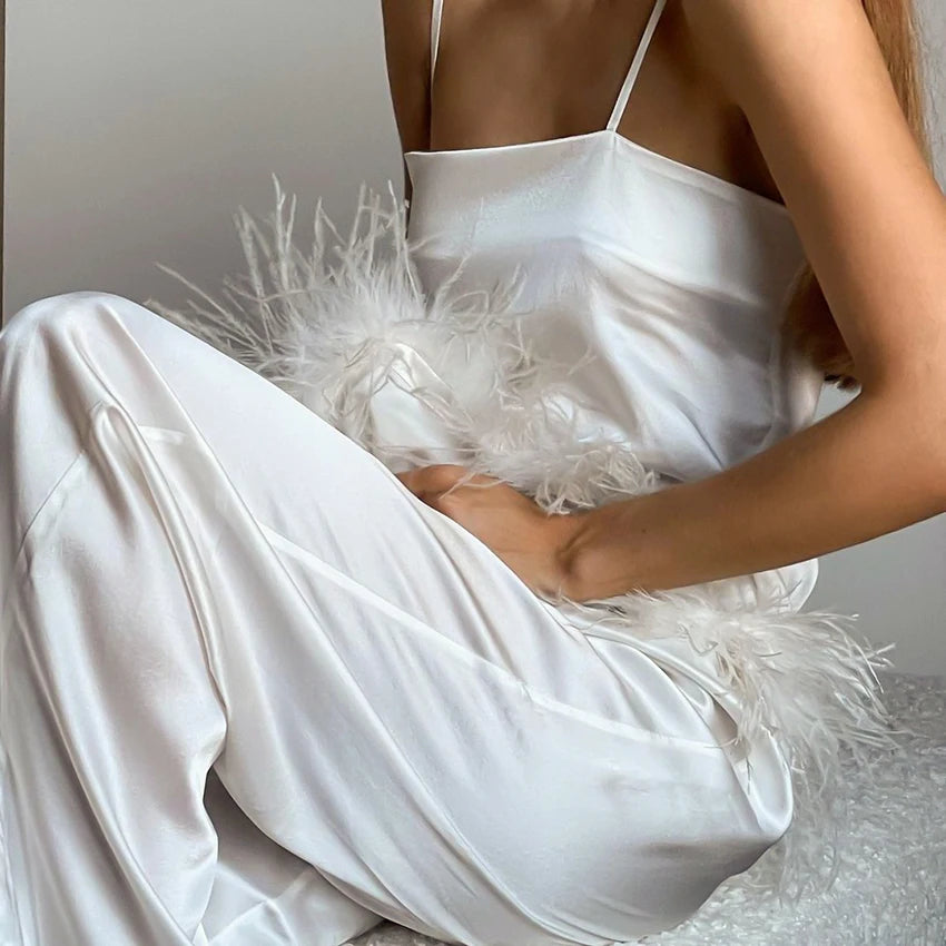 NEW Arrivals Black/White Color Satin Luxury Pajamas With Feathers Sleepwear Women Sets With Pants Black Spaghetti Strap Home Suit White Trouser Suits
