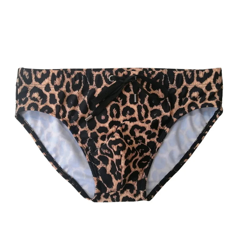 Sexy Swimsuit Men Swimwear Summer Swim Suits Gay Swimming Briefs Leopard Low Waist Bathing Suits Breathable Push Pad Beachwear