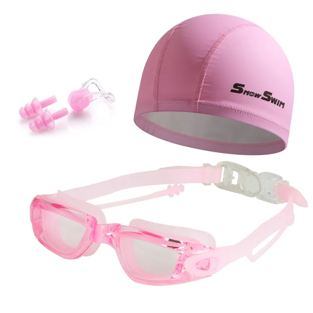 NEW 4 PCS Set Anti-Fog Adult Myopia/ Transparent/ Electroplated Professional Swimming Goggles Set with Nose Clip, and Ear Plugs Adjustable Silicone Swim Cap Waterproof Ultralight