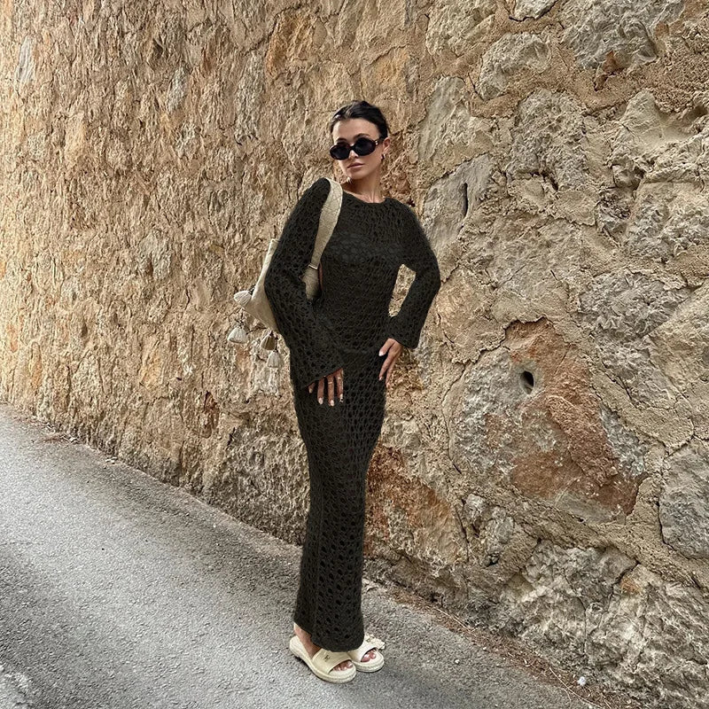 NEW Arrivals 3 Colors Crochet Maxi Dress Women Sexy Long Sleeve Hollow Out Backless Bikini Cover Ups for Swimwear Summer Holiday Bathing Suits