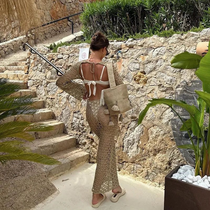 NEW Arrivals Black/White/Khaki Color Sexy Round Collar Long Sleeve Wrap Dress Knitting Hollow Out Beachwear Cover Up Summer Holiday Beach Elegant Long Dress
