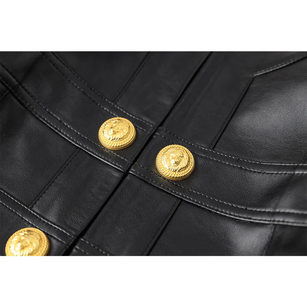 Cool Black Block Leather Slim Short Jacket Casual Buttons Full Sleeve Shoulder Pad O Neck Women Coat