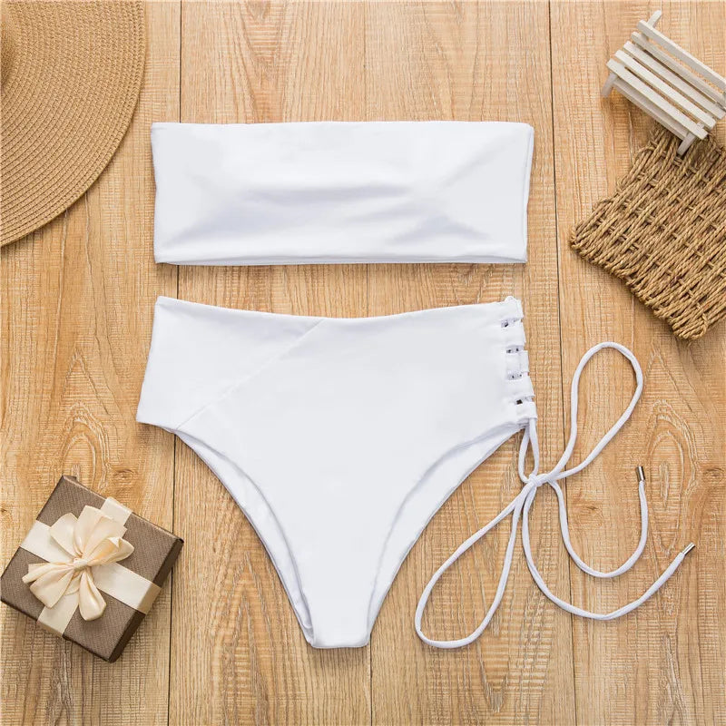 Solid color sexy tube top strap swimwear women bikini set