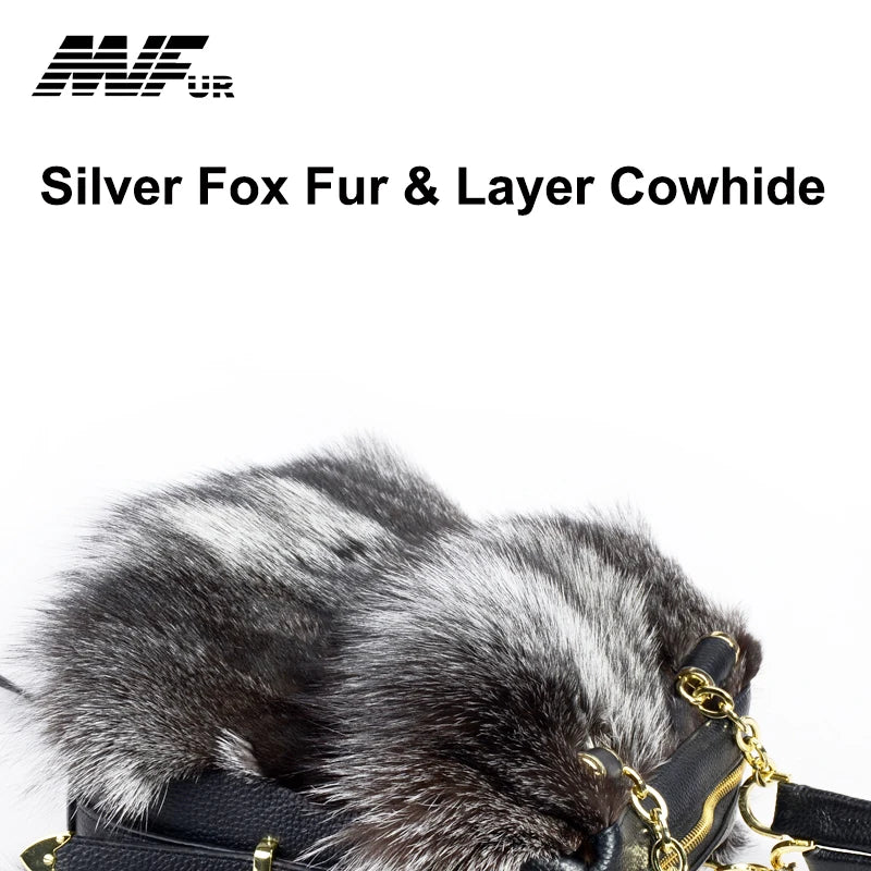 NEW Arrivals 100% Real Fox Fur Women Fashion Luxury Natural Silver Fox Handbag Lady Shoulder Bag Real Fox Fur Evening Party Formal Hand Bags Ladies Luxury Fashion Apparel Accessories