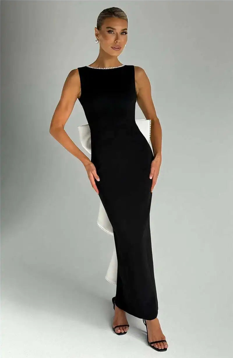 NEW Elegant Pearl Bow Backless Sexy Maxi Dress Women Gown Fashion Sleeveless High Waist A-Line Club Party Long Dress