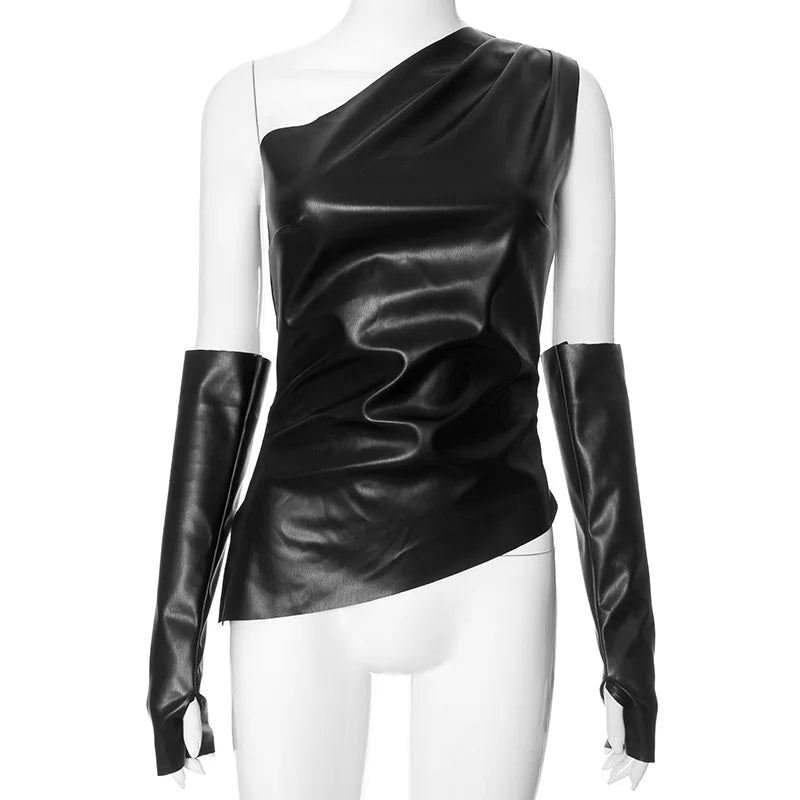 NEW Arrivals Solid Basic PU leather Diagonal Collar Fashion Asymmetrical Ruche With Sleeves Woman Y2K Clothing Versatile Noble Shirts Female Girls Luxury Fashion Clothing Supplies