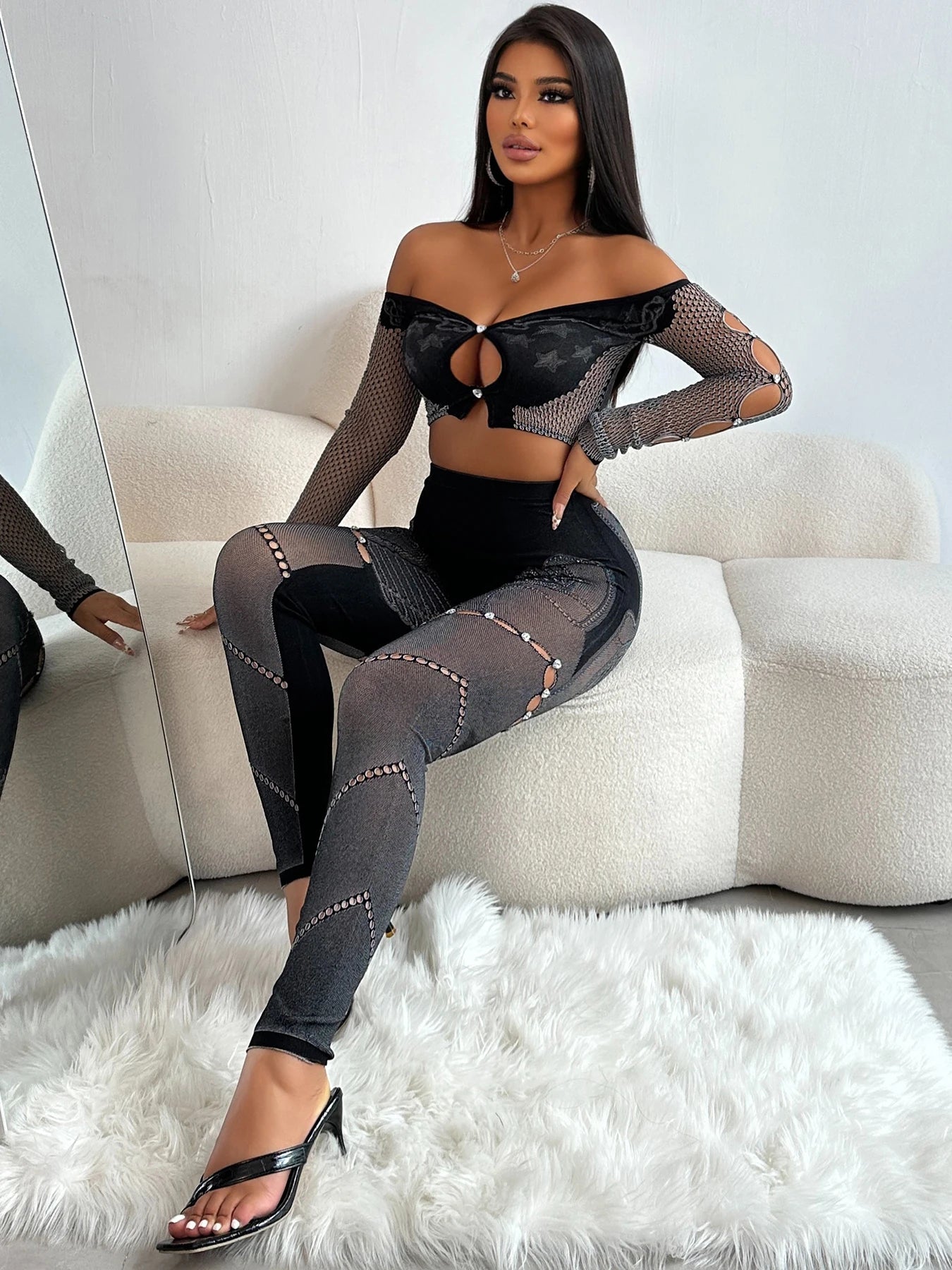 NEW Arrivals 2PCS Set Sexy Thick Women Chic Hollow Rhinestones Slash Neck Crop Tops+Patchwork Leggings Stretch Matching Evening Nightclub Party Suit Ladies Girls Sexy Fashion Clothing Supplies