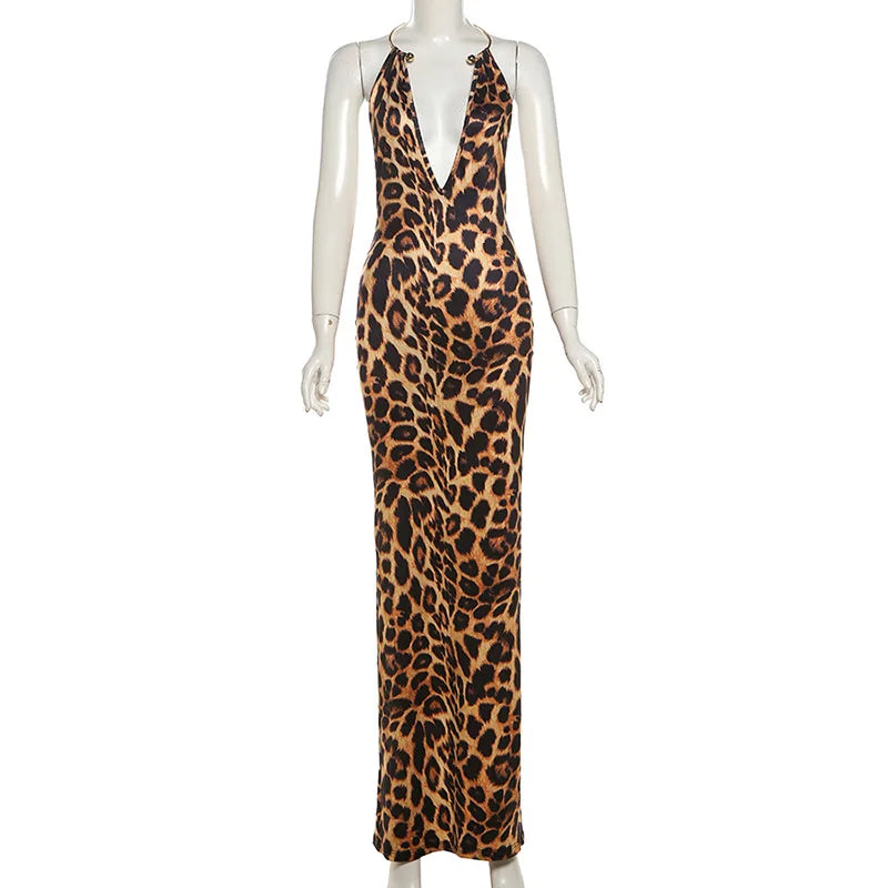 NEW Arrivals UK Size Lady High Street Partywear Women Elegant Leopard Halter Dress Sexy Backless Deep V-Neck Slim Long Dresses