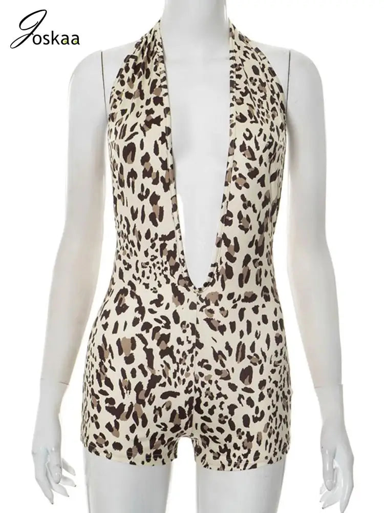 NEW Arrivals Women's Summer Halter Playsuits Sexy Deep V Neck Backless Skinny Leopard Rompers Holiday Beachwear Clubwear