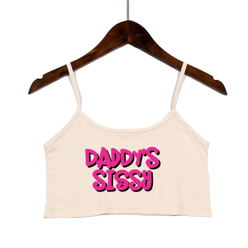 NEW Arrivals Women's Cute Crop Top DADDY'S SISSY Hot Pink Letters Print Sexy Elastic Cotton Camis Sleeveless Short Tank Top Bar Tops Women Girls Streetwear Tops