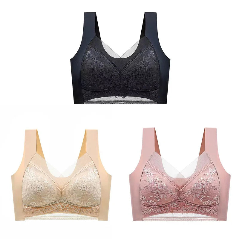 NEW Arrivals 3PCS Set L-(45-50KG) 5XL(100KG) Women Lace Bra Bralette Push Up Perspective Ice Silk Deep V Bra Sexy Lingerie Tops Plus Size Cup Mom's Underwear Chubby Ladies Underwear
