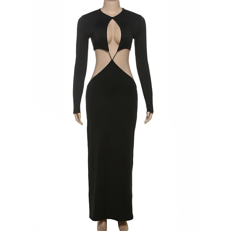 NEW Sexy Fashion Black Sexy Cut Out Maxi Dress Bandage Evening Party Night Club Outfits Long Sleeve Plunge Dresses Elegant Gown Ladies Sexy Fashion Clothing Supplies