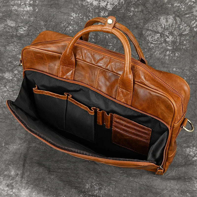 Cow Leather High Quality Men's Outdoor Travel Briefcase Big Genuine Leather Fit 16" Laptop Business Handbag Messenger Shoulder Bag Male Work Tote Red Document Organizer
