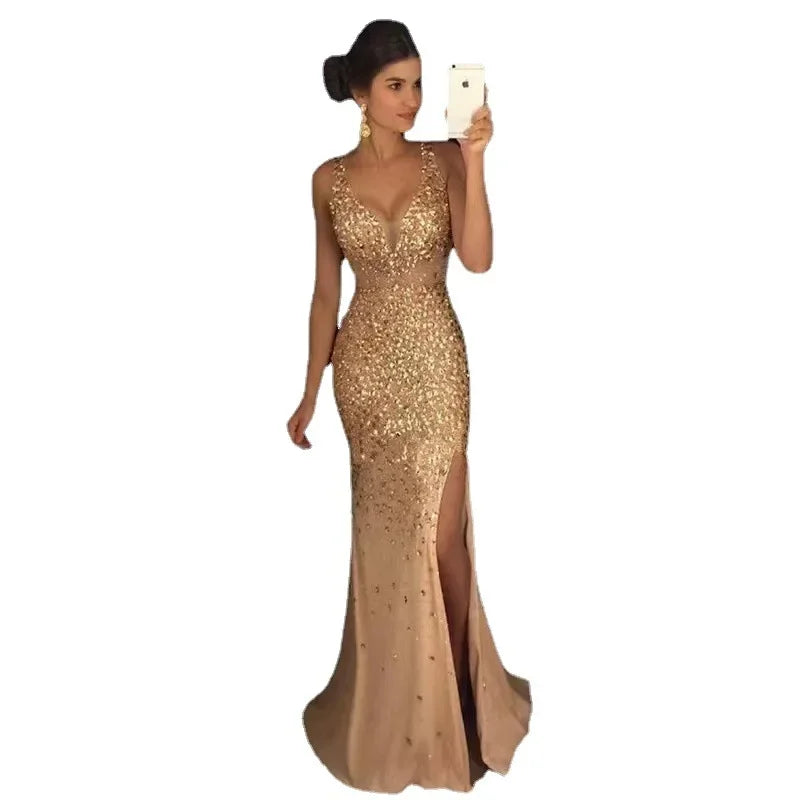 NEW Arrivals S-2XL 4 Colors Spring Autumn Winter New European American Cross-Border Side Slit Gold-Embellished Long Evening Party Luxury Dress Sleeveless Wedding Guest Celebrities Gown