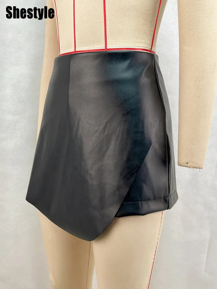 NEW Arrivals Silver/Brown/Black Women Shorts High Waist Sexy Elegant PU Leather Skirts Office Lady A-Line Asymmetrical Bottom Evening Party Night Clubwear Workwear Girls Sexy Apparel Accessories