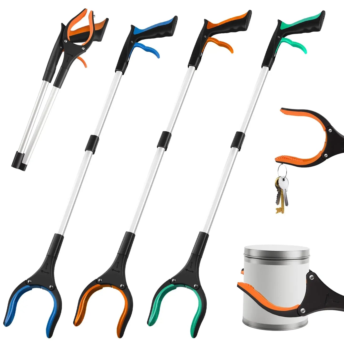 NEW 2PCS Set 3 Colors 34 Inch Extra Long Grabber Reacher with 360°Rotating Jaw & Magnet Foldable Pickup Mobility Aid Reaching Assist Tool Home Cleaning Supplies