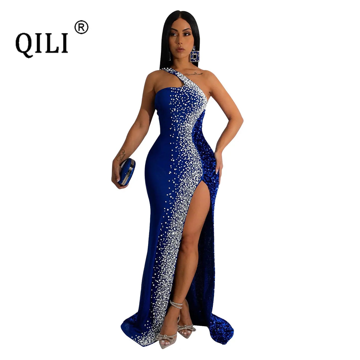One Shoulder Rhinestone and Sequins Sexy High Split Long Dress Elegant Party Dresses for Women Robe Blue Black Red