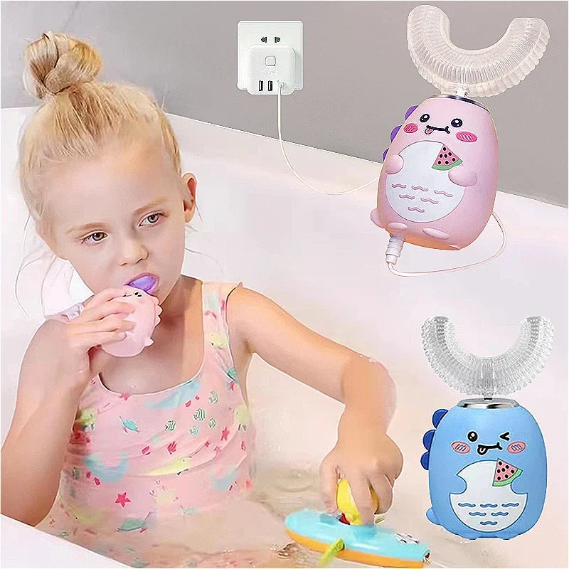 NEW Arrivals Children (3-12Yrs Old) U-Shaped Electric Toothbrush 360 Degrees Smart Cartoon Kids Silicone Toothbrush Automatic Rechargeable Sonic Toothbrush Oral Hygiene Accessories Dental Supplies