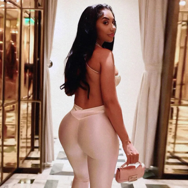 NEW Black/Pink Color Backless Sleeveless Jumpsuits for Women Chest Wrapping V Neck Cross Panelled Bodycon Work Out Fitness Outfits Summer Female Fashion Clothing Supplies