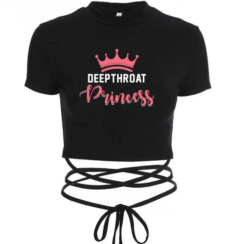 NEW Arrivals M-2XL UK Size 6 Patterns Women Fashion Girls Sexy T-Shirt Casual Short Sleeve Female Shirt Harajuku *DEEP THROAT* Women Crop Top Black Short Crop Bandage Tee Tops
