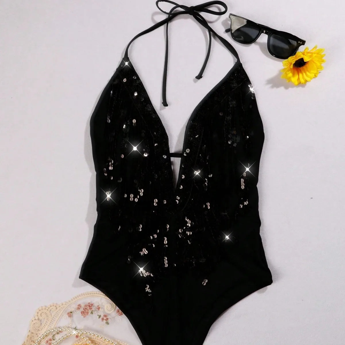 Sexy Swimsuit Lace Up Glitter Highlights Women's Hanging Neck Sequin One Piece Swimsuit Bikini