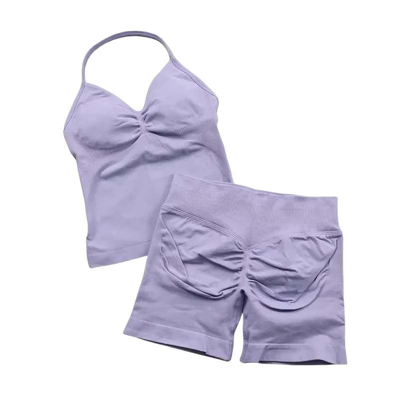 NEW Arrivals 2PCS Set 10 Colors Girls Yoga Gym Set Women's Strap Vest & Shorts Resistance Training Seamless Halter Tank Top Scrunch Butt Lifting Gym Shorts Set