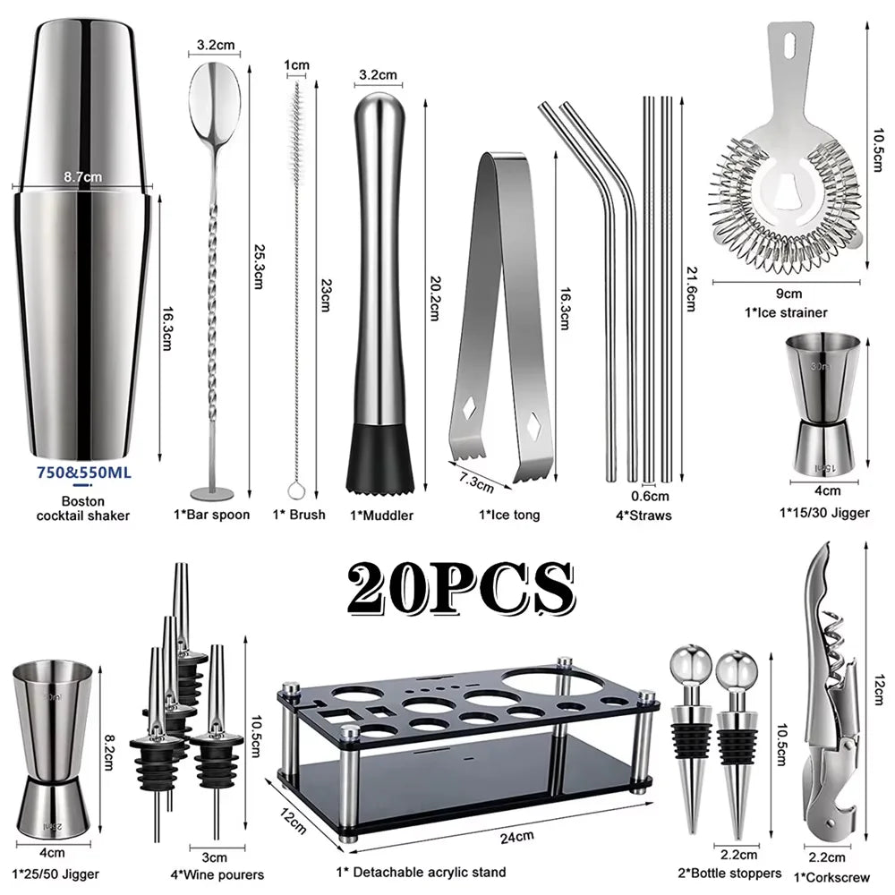 NEW Arrivals 25PCS Set 500/750ML Boston Cocktail Shaker Set Bartender Kit for Hotels Restaurant Pubs Home Bar Drink Wine Martini Mixer Cocktail Shaker Bartender Waitress Tools