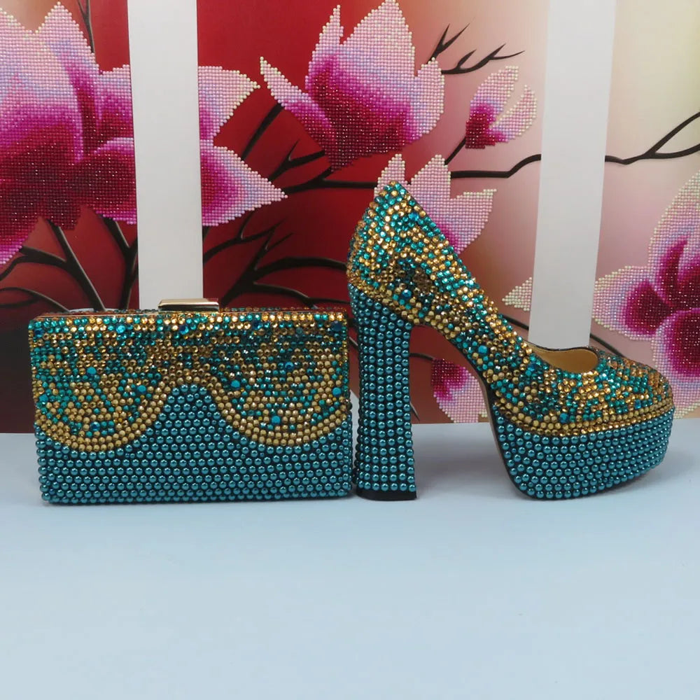 NEW Arrivals Luxury Italian Fashion Teal Blue 5 Colors Wedding Shoes and Bag Set Woman 14CM High Pumps Thick High Heel Evening Party Shoes Matching Bag Round Toe Pumps Ladies Luxury Fashion Clothing Supplies