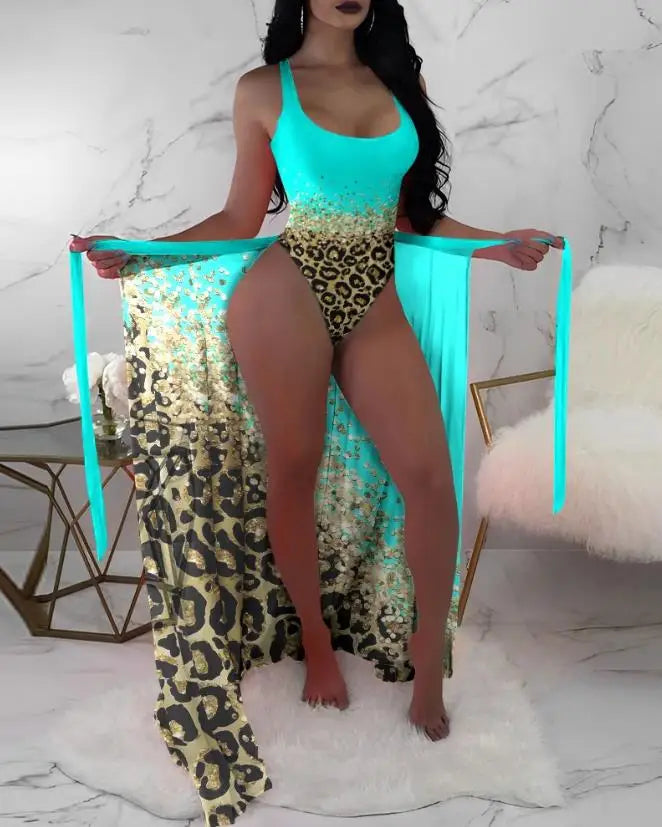 NEW Arrivals 2PCS Set Women Sexy U-Neck Floral Swimsuit with Cover Up New Fashion Summer Beach Vacation Casual Clothes