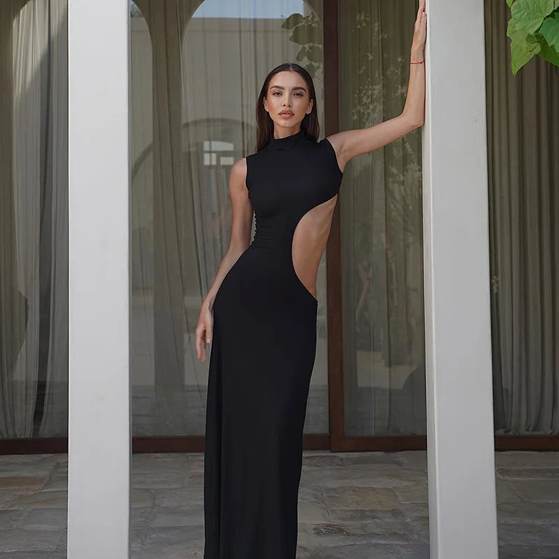 NEW Arrivals Black Cryptographic Sexy Cut Out Maxi Dress Outfits for Women Elegant Club Party Bodycon Sleeveless Tank Dresses Summer Beach Bar Party Night Clubwear