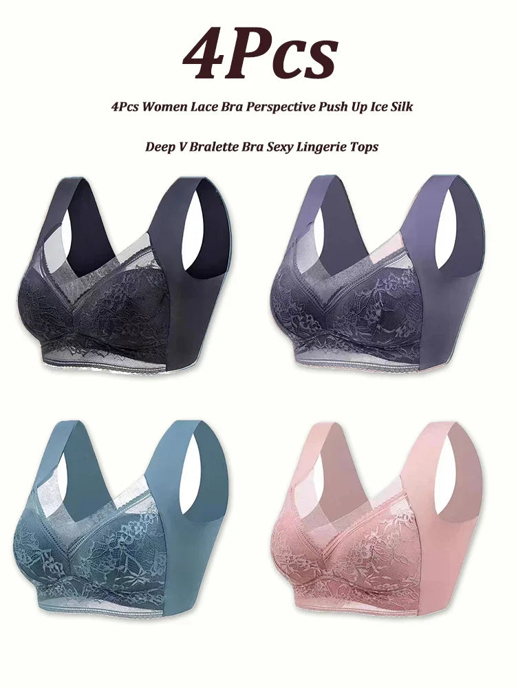 NEW Arrivals 4PCS Set L(45-50KG) -5XL(100KG) Set Women Lace Bra Perspective Push Up Ice Silk Deep V Bralette Bra Sexy Lingerie Tops Plus Size Cup Mom's Underwear