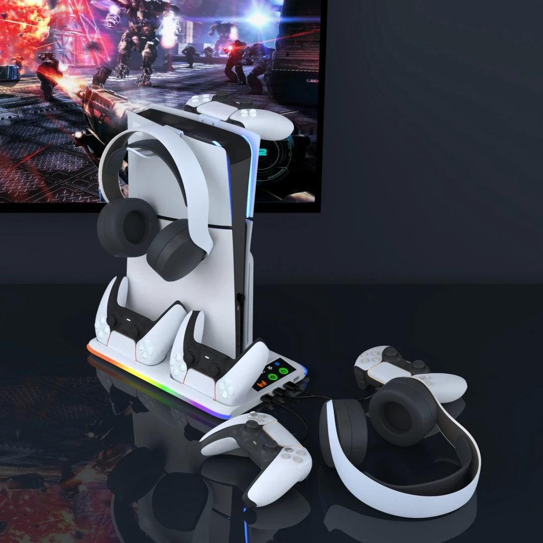 NEW Arrivals for PS5/PS5 Slim Stand with Headphone Hook Cooling Stand with Controller Charging Dock Station With 3 Levels Cooling Fan Computer Video Games Accessories Electronic Supplies