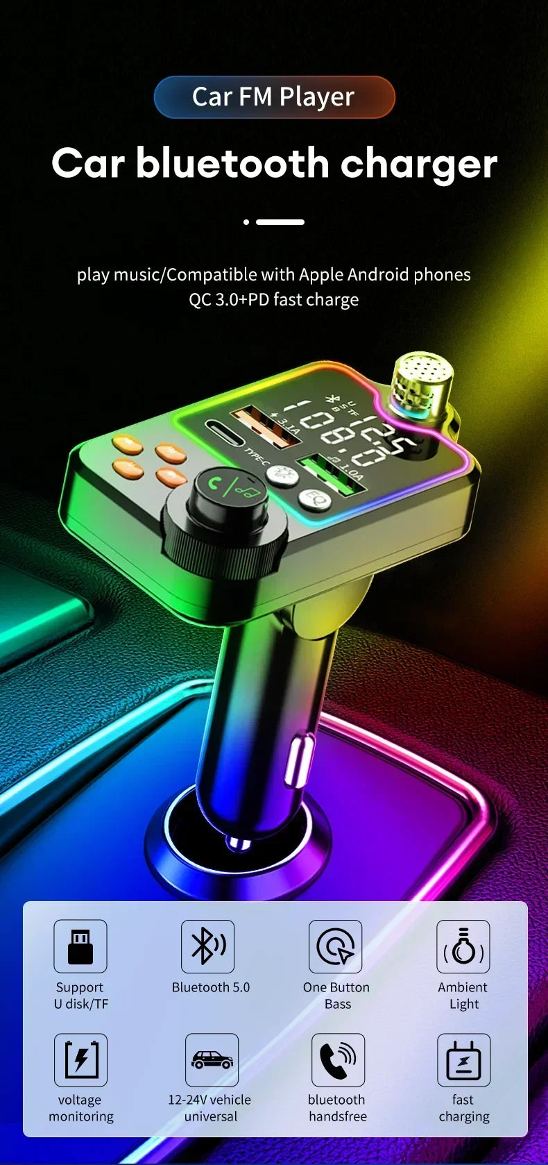 NEW Arrivals Car Bluetooth Quick Charger Car Cigarette Lighter Call Hands-free EQ Atmosphere Light MP3 Player FM Transmitter Charger