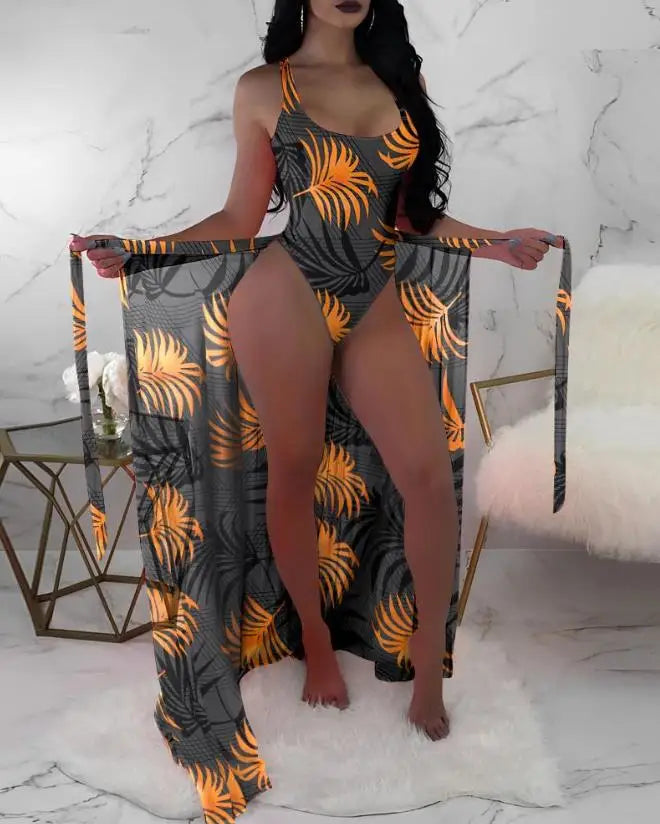 NEW Arrivals 2PCS Set Women Sexy U-Neck Floral Swimsuit with Cover Up New Fashion Summer Beach Vacation Casual Clothes