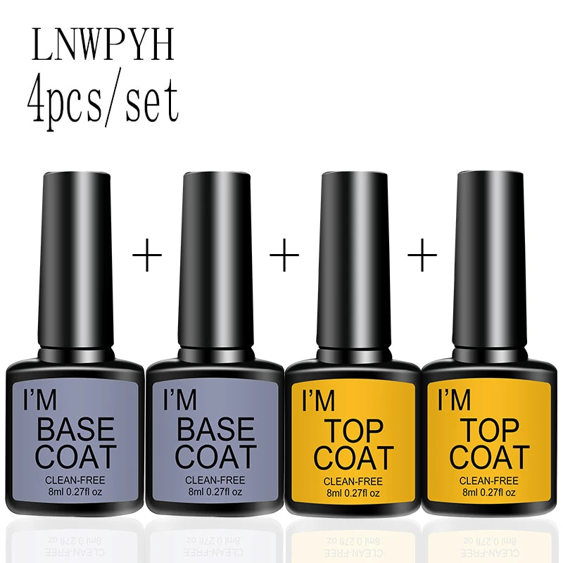 NEW Arrivals 4 PCS Set Top Coat And Base Coat Clear Gel Nail Polish Kit Semi Permanent Nail Art Manicure Soak Off LED UV Gel Varnishes Set Manicure Pedicure Accessories Nail Care Tools Cosmetics Supplies