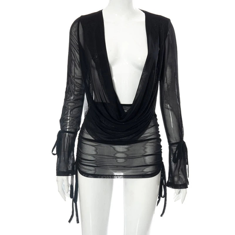 NEW Arrivals 5 Colors Sexy Deep V Neck Sexy Wrapped Mini Mesh Dress Women See Through Backless Long Sleeve Summer Evening Beach Party Night Club Bodycon Dress