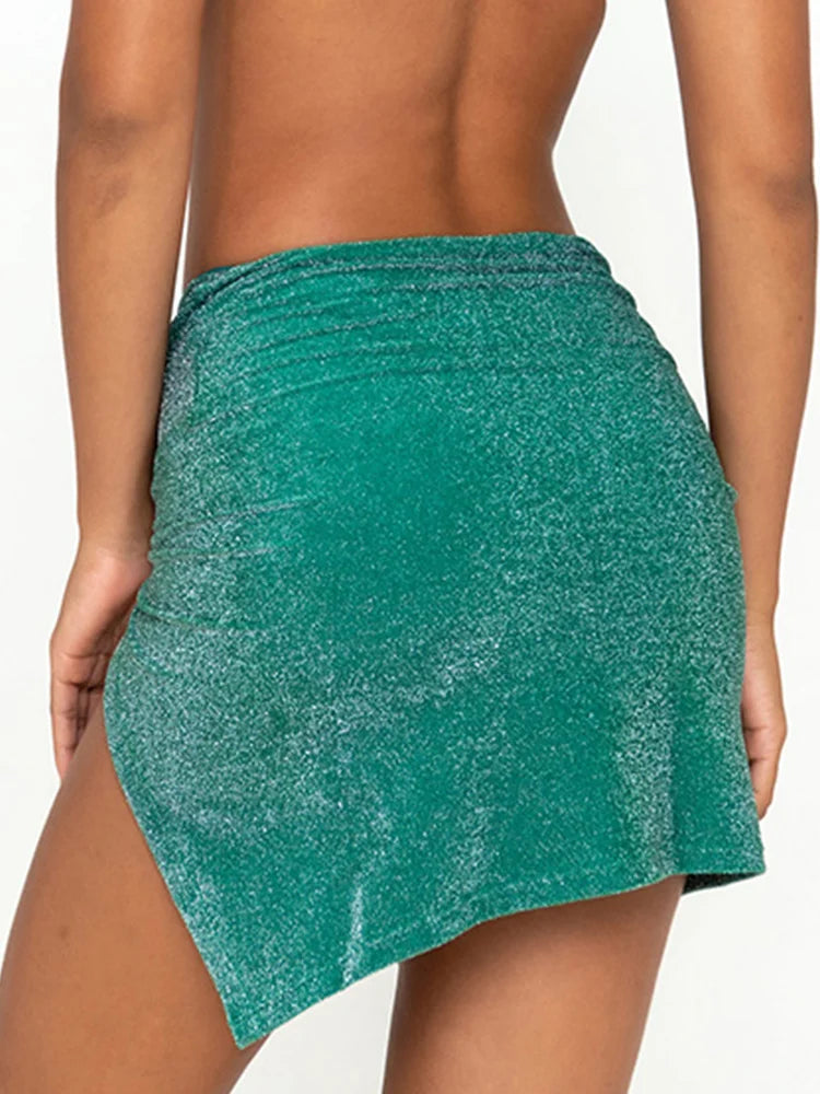 Shiny Beachwear Green Color Dress Sexy Cover Ups Summer Skirt New Beach Dress