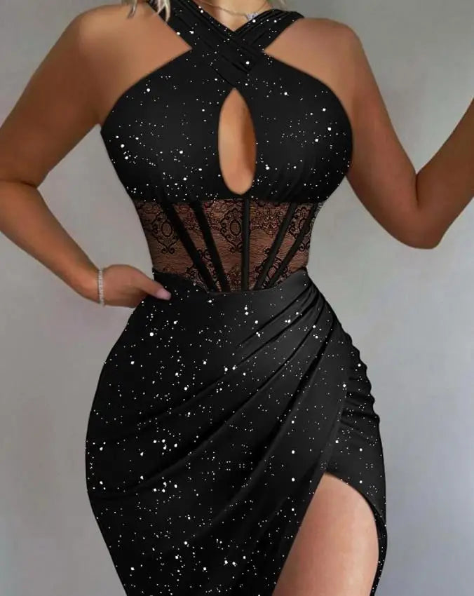 Low-Price Sales are Limited NEW Luxury Sexy Women Night Out Evening Wedding Birthday Party Dresses Rhinestones High Slit Contrast Lace Sleeveless Halter Slim Opera Business Dinner Dress Ladies Luxury Fashion Apparel Supplies