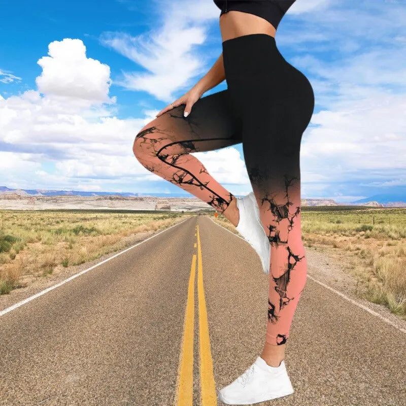 New Seamless Tie Dye Gradient Tights Women's High Waist Hip Lift Yoga Pants, Fashion Tight Elastic Fitness Pants Sports Pants