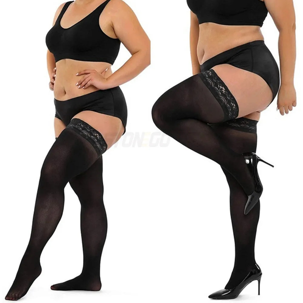 Plus Big Size Woman's Ultra-thin Lace Stockings Thigh High Stockings Silicone Lace Top Stay Up Silk Lace Socks