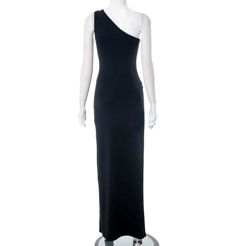 One Shoulder Sexy Black Evening Party Club Bodycon Maxi Split Dress Outfits Women Sleeveless Backless Summer Clothes Vestido