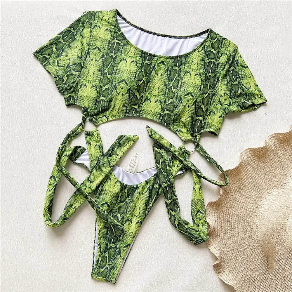 NEW Arrivals Sexy Green Snakeskin Swimwear One Piece Swimsuit Women Hollow Out Monokini Bandage Knotted High Cut Bathing Ladies Swimming Suit