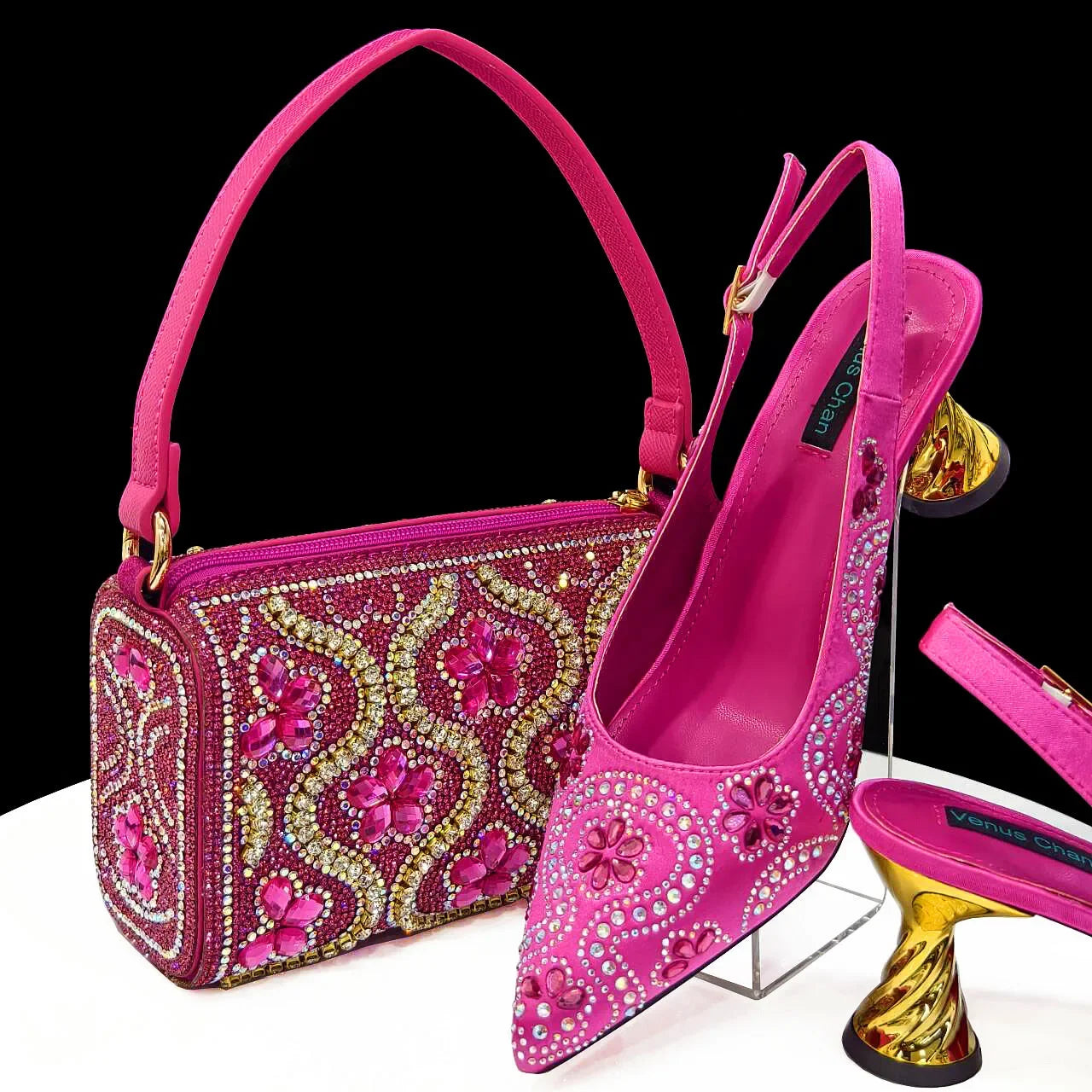 Newest 8 Colors INS Style FUCHSIA Color Elegant Low Heels Nigeria Popular Design African Ladies Shoes And Bag Set for Wedding Birthday Party Night Business Dinner Ladies Luxury Fashion Apparel Accessories Shoes Products