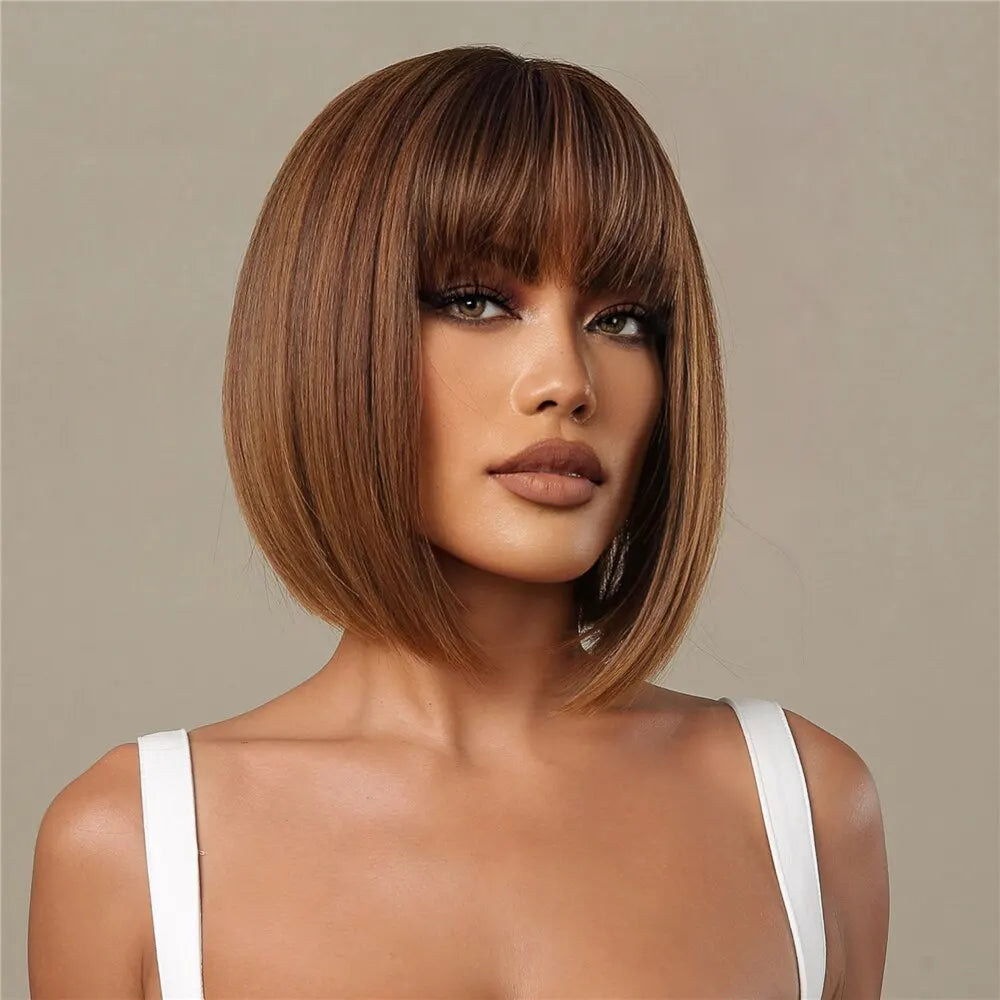 Honey Brown Short Bob Wig With Bangs Synthetic Heat Resistant Wig Natural Hair Looking
