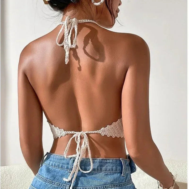 NEW Arrivals Handmade Sexy Crop Tops Retro Wild Hollow Perspective Tassel Sexy Spaghetti Strap Tanks Top Women Built In Bra New Back Lace Halter Neck Ladies Girls Summer Beach Party Tops