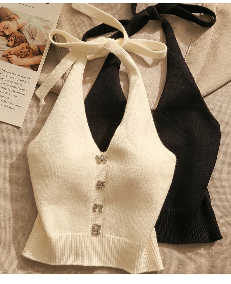 NEW Arrivals Sexy Cross Vest Crop Tops Women Sports T-Shirt Knitted Off Shoulder V-Neck Solid Backless Tank Vest Halter Y2K Top Camisole