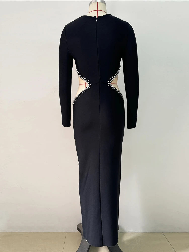 NEW Sexy Long Sleeve Diamonds Long Bandage Dress Women Black Cut-Out Mesh Patchwork Rhinestones Split Bodycon Dresses Evening Party Red Carpet Celebrity Luxury Sexy Dress