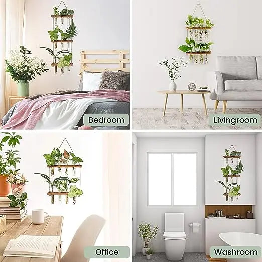 Wall Hanging Test Tube, Glass Planter Plant Vase with Wooden Stand & Strings Rope, Glass Planter Plant Terrarium (2 layer)