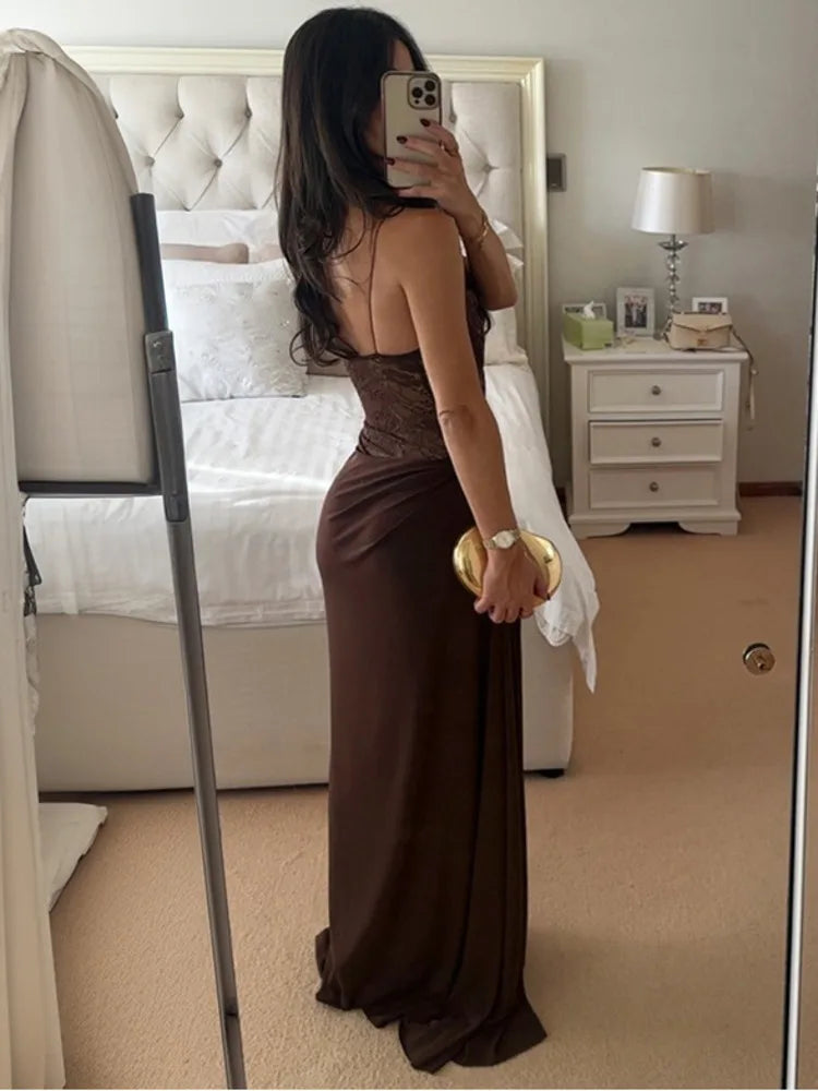 NEW Brown/Burgundy/Black Color UK Size One Shoulder Lace See Through Sexy Maxi Dress Women Gown Fashion Off-shoulder Sleeveless Backless Evening Party Club Long Dresses
